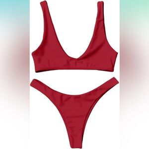 Red high cut scoop bikini